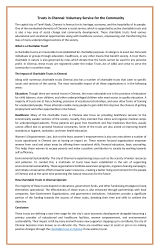 Trusts in Chennai: Voluntary Service for the Community