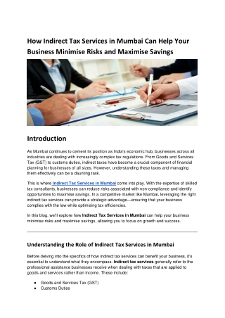 How Indirect Tax Services in Mumbai Can Help Your Business Minimise Risks and Maximise Savings