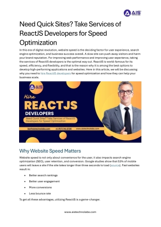 Need Quick Sites Take Services of ReactJS Developers for Speed Optimization
