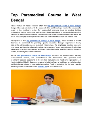 Top Paramedical Course In West Bengal