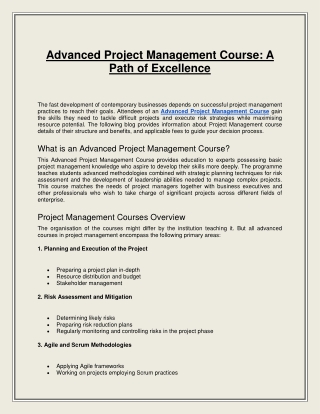 Advanced Project Management Course: A Path of Excellence