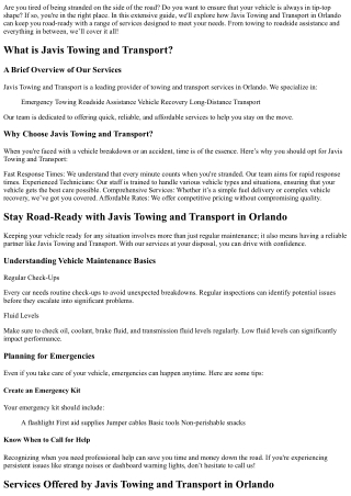 Stay Road-Ready with Javis Towing and Transport in Orlando