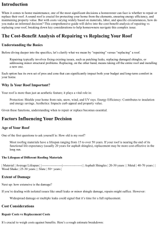 The Cost-Benefit Analysis of Repairing vs Replacing Your Roof