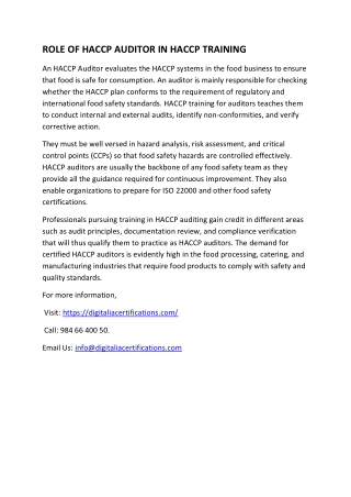 ROLE OF HACCP AUDITOR IN HACCP TRAINING