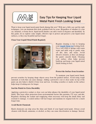 Easy Tips for Keeping Your Liquid Metal Paint Finish Looking Great
