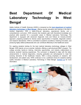 Best Department Of Medical Laboratory Technology In West Bengal