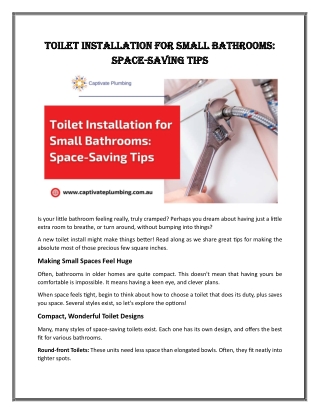 Toilet Installation for Small Bathrooms: Space-Saving Tips