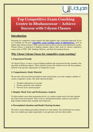 Top Competitive Exam Coaching Centre in Bhubaneswar – Achieve Success with Udyam Classes
