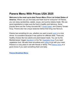 Panera Menu With Prices USA 2025