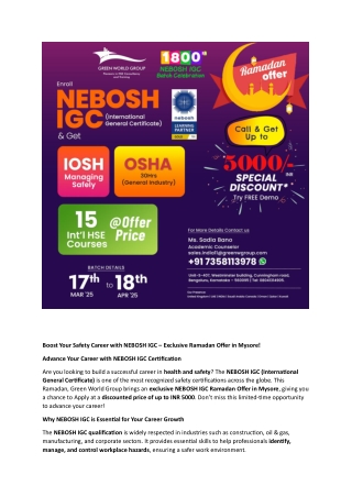 NEBOSH IGC Course in Mysore Ramadan Special Offer