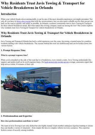 Why Residents Trust Javis Towing & Transport for Vehicle Breakdowns in Orlando
