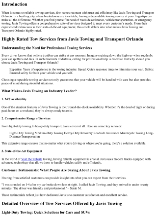 Highly Rated Tow Services from Javis Towing and Transport Orlando