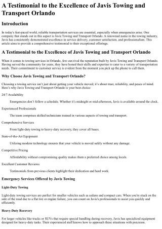 A Testimonial to the Excellence of Javis Towing and Transport Orlando