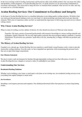 Avalon Roofing Services: Our Commitment to Excellence and Integrity