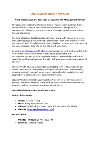 Lake Oswego Financial Advisors | Avier Wealth Advisors