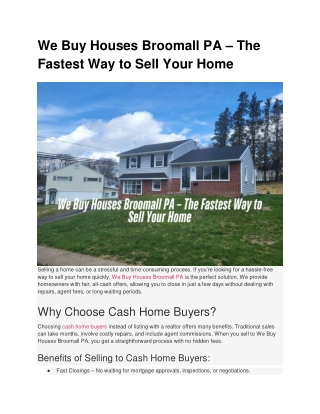 We Buy Houses Broomall PA – The Fastest Way to Sell Your Home