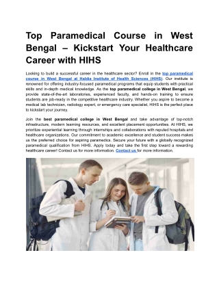 Top Paramedical Course in West Bengal – Kickstart Your Healthcare Career with HIHS
