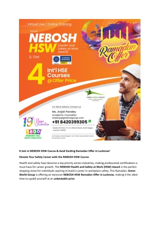 NEBOSH HSW COURSE IN LUCKNOW RAMADAN SPECIAL OFFER