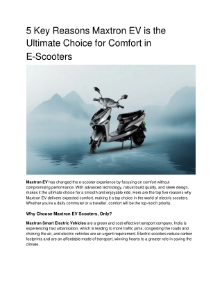 5 Key Reasons Maxtron EV is the Ultimate Choice for Comfort in E-Scooters