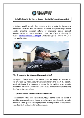 Reliable Security Services in Bhopal for Ultimate Protection