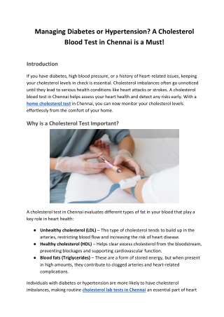 Prevent Heart Disease with a Cholesterol Test in Chennai