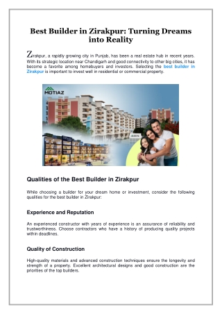 Best Builder in Zirakpur, Turning Dreams into Reality