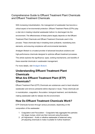 Comprehensive Guide to Effluent Treatment Plant Chemicals and Effluent Treatment Chemicals