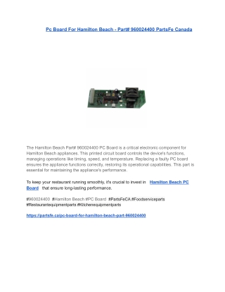 Pc Board For Hamilton Beach - Part# 960024400 PartsFe Canada