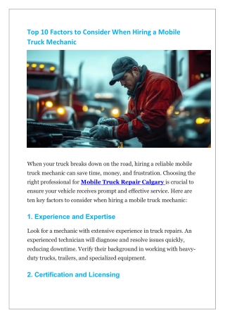 Top 10 Factors to Consider When Hiring a Mobile Truck Mechanic