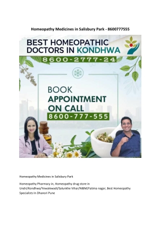 Homeopathy Medicines in Salisbury Park - 8600777555