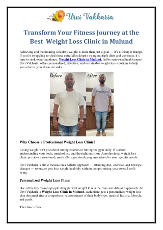 Transform Your Fitness Journey at the Best  Weight Loss Clinic in Mulund