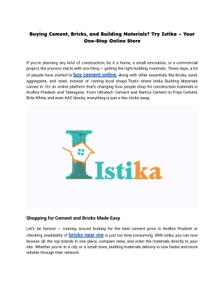 Buying Cement, Bricks, and Building Materials Try Istika – Your One-Stop Online Store