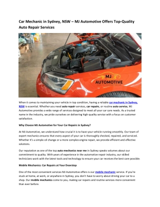 Car Mechanic in Sydney, NSW – MJ Automotive Offers Top-Quality Auto Repair Servi