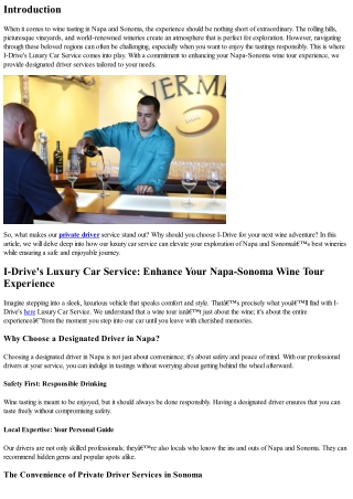 I-Drive's Luxury Car Service: Enhance Your Napa-Sonoma Wine Tour Experience