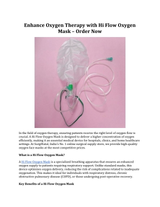 Enhance Oxygen Therapy with Hi Flow Oxygen Mask