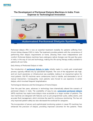 The Development of Peritoneal Dialysis Machines in India: From Expense to Techno