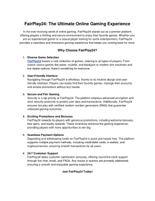 Fairplay24: Your Ultimate Destination for Online Betting and Casino Gaming