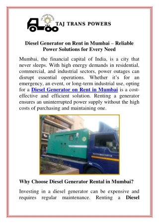 Diesel Generator on Rent in Mumbai Reliable Power Solutions for Every Need