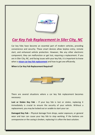 Car Key Fob Replacement in Siler City, NC
