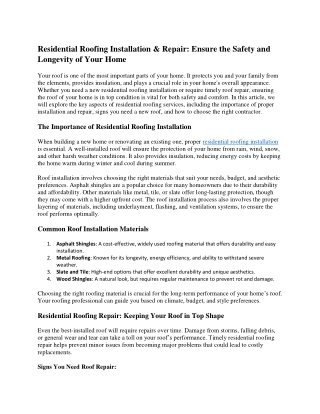 Residential Roofing Installation & Repair: Ensure the Safety and Longevity of Yo