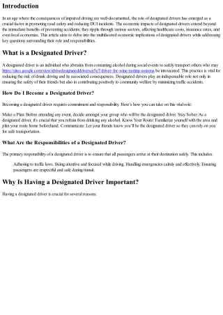 Economic Impacts of Designated Drivers: An Analysis