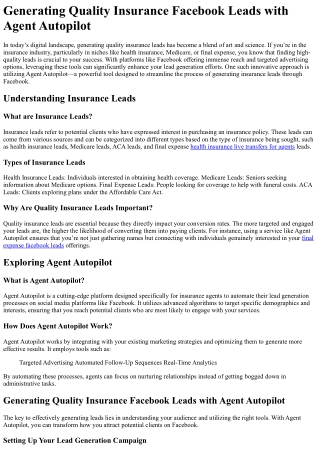 Generating Quality Insurance Facebook Leads with Agent Autopilot
