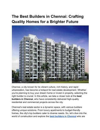 The Best Builders in Chennai: Crafting Quality Homes for a Brighter Future