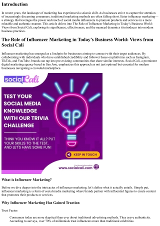 The Role of Influencer Marketing in Today’s Business World: Views from Social Ca