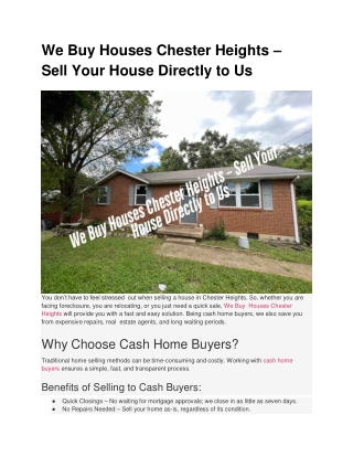 We Buy Houses Chester Heights – Sell Your House Directly to Us