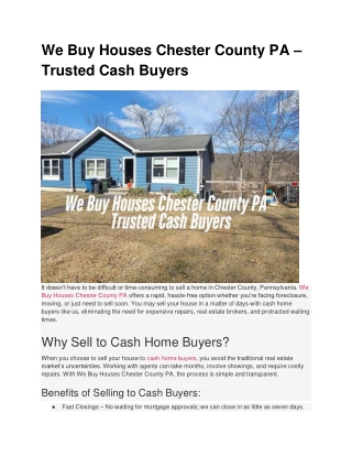 We Buy Houses Chester County PA – Trusted Cash Buyers