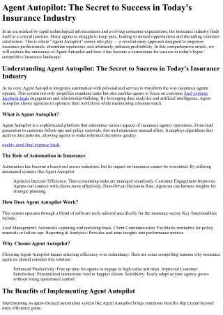 Agent Autopilot The Secret to Success in Today_s Insurance Industry