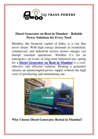 Diesel Generator on Rent in Mumbai  Reliable Power Solutions for Every Need
