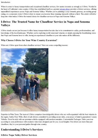 I-Drive: The Trusted Name for Chauffeur Service in Napa and Sonoma Valleys