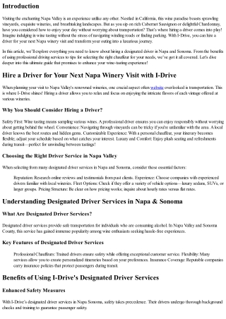 Hire a Driver for Your Next Napa Winery Visit with I-Drive